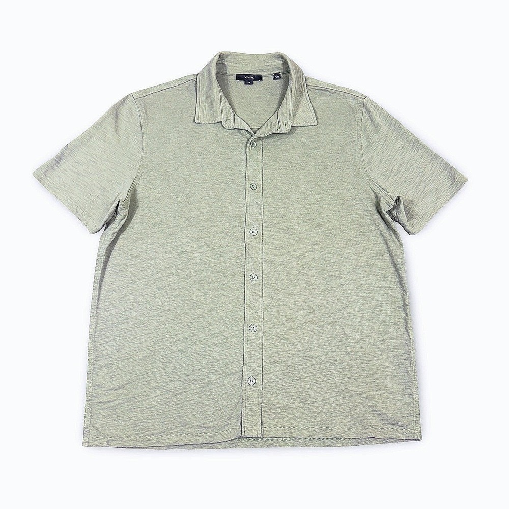 Vince Button Up S/S Polo Shirt Mens L Sage Green Minimalist Slub Cotton Stretch